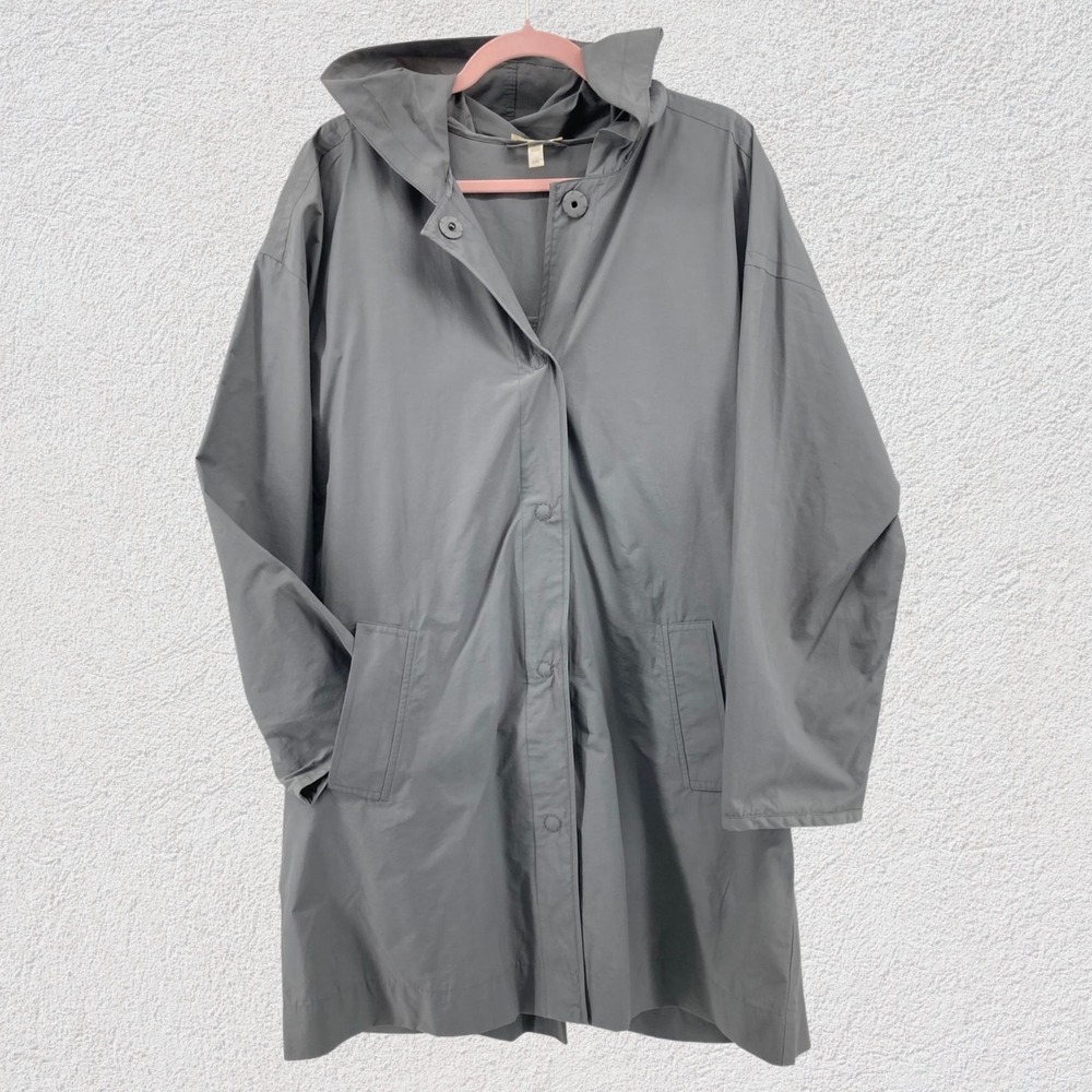 Eileen Fisher Jacket Womens L Gray Organic Cotton Rain Snap Front‎ Lagenlook